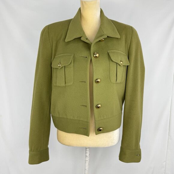 Vintage Olive Green Wool Blend Cropped Jacket Women’s Sz 8 Gold Button Military - Picture 3 of 16